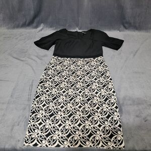 Adrianna Papell Sheath Fitted Dress Cream Floral Square Neck Black Sz 8